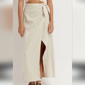 DISSH 100% Linen Natural Tan Cream Faux Wrap Skirt Tie Waist Midi Maxi Size 6